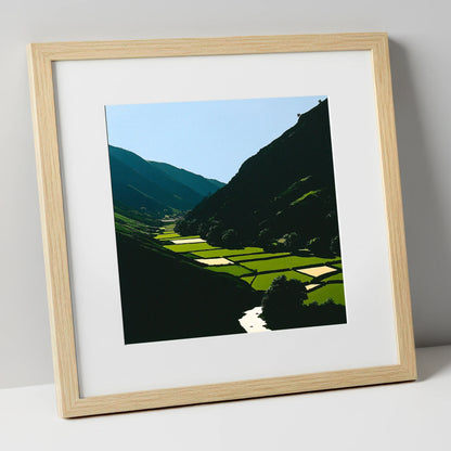 Sunlit Patchwork in the Dale lake district valley art print in natural frame