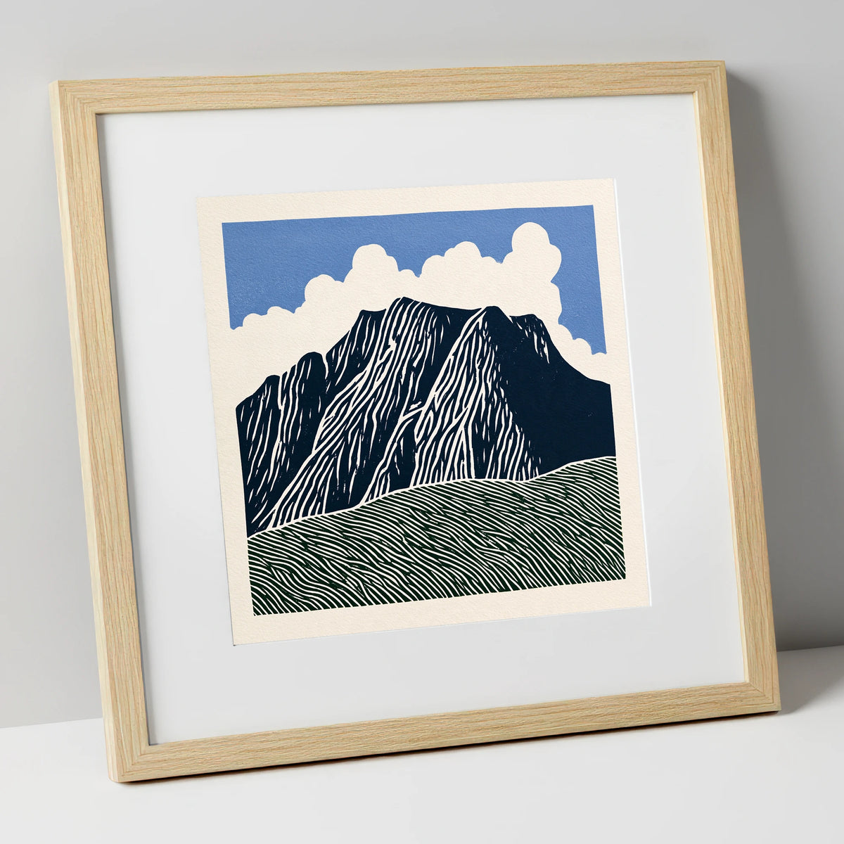 Graphic Scafell Pike Landscape lake district fell art print in natural frame