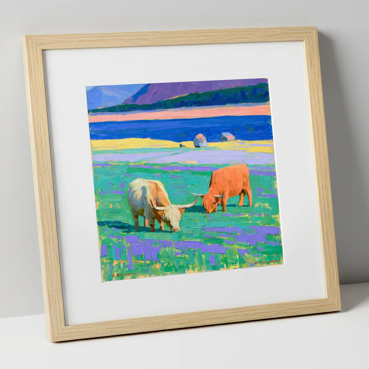 Vibrant Highland Cattle Pasture lake district wildlife art print in natural frame