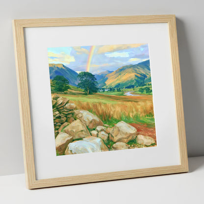 Rainbow Over a Sunlit Valley lake district sky art print in natural frame