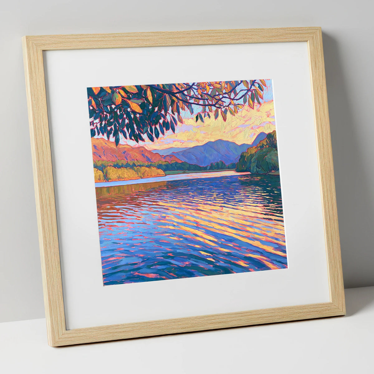 Golden Ripples on Esthwaite Water lake district village art print in natural frame