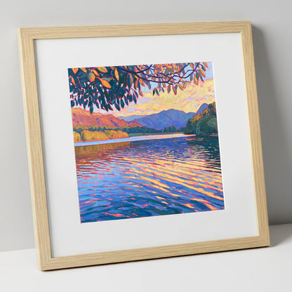 Golden Ripples on Esthwaite Water lake district village art print in natural frame