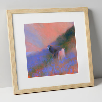 Twilight Herdwicks on the Fell lake district wildlife art print in natural frame