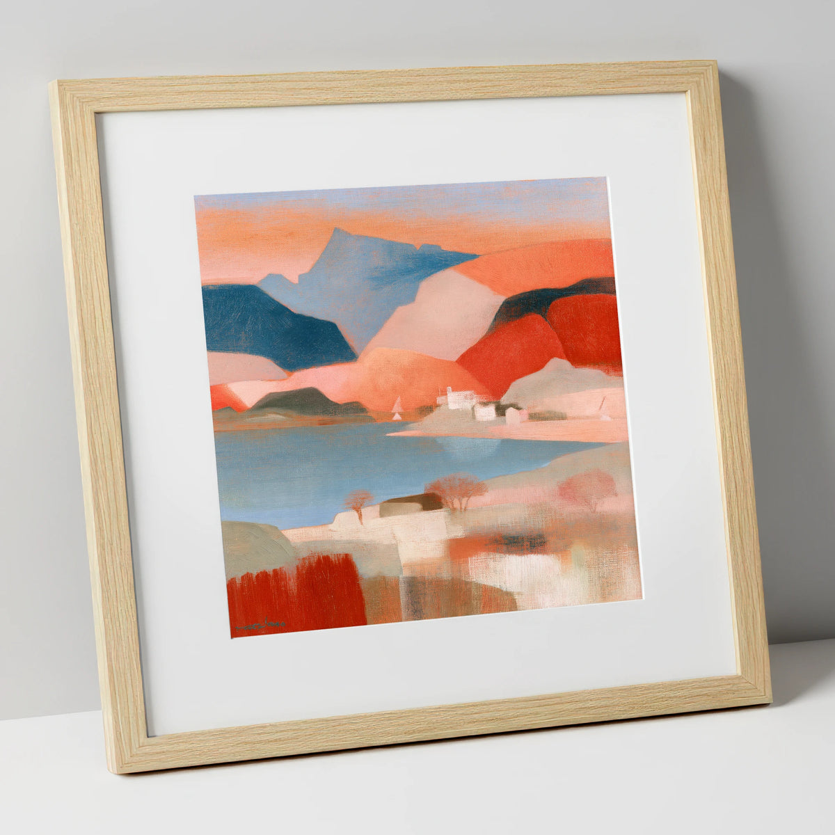 Abstract Terracotta Lake and Fells lake district lake art print in natural frame