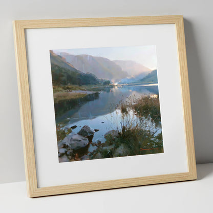 Still Lake Beneath Misty Fells lake district lake art print in natural frame