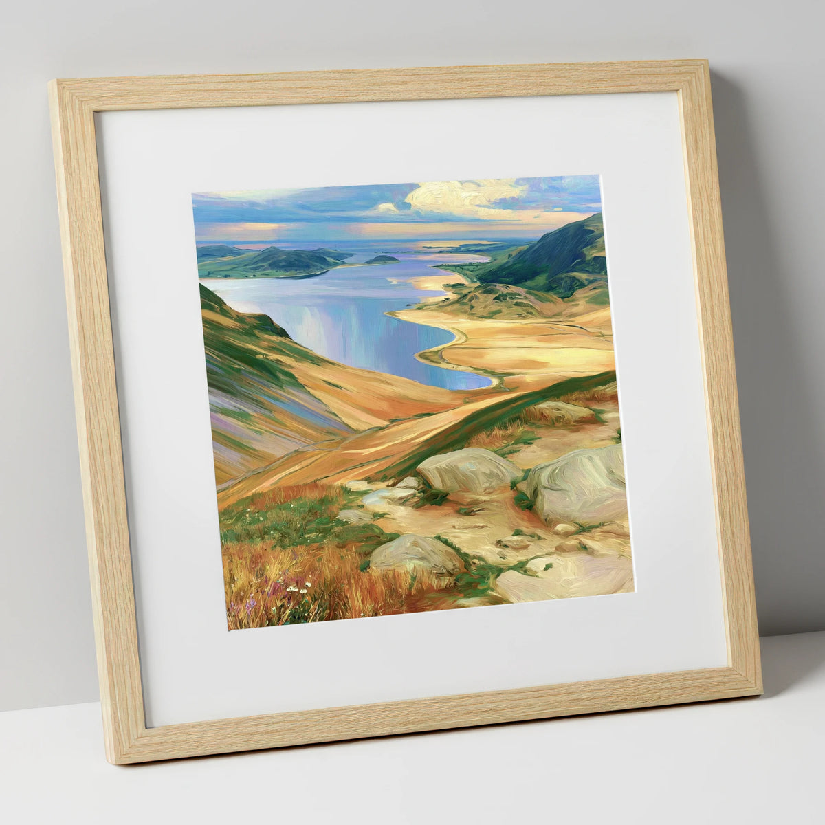 Vibrant Summit View over Water lake district fell art print in natural frame
