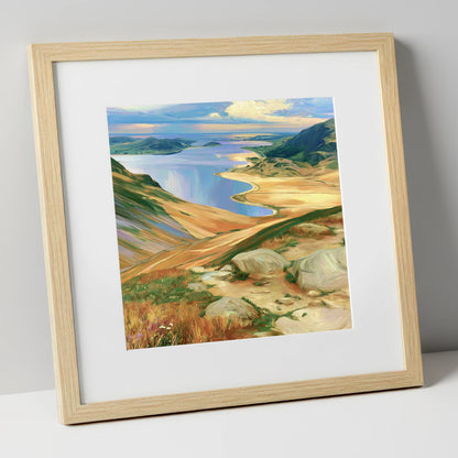 Vibrant Summit View over Water lake district fell art print in natural frame
