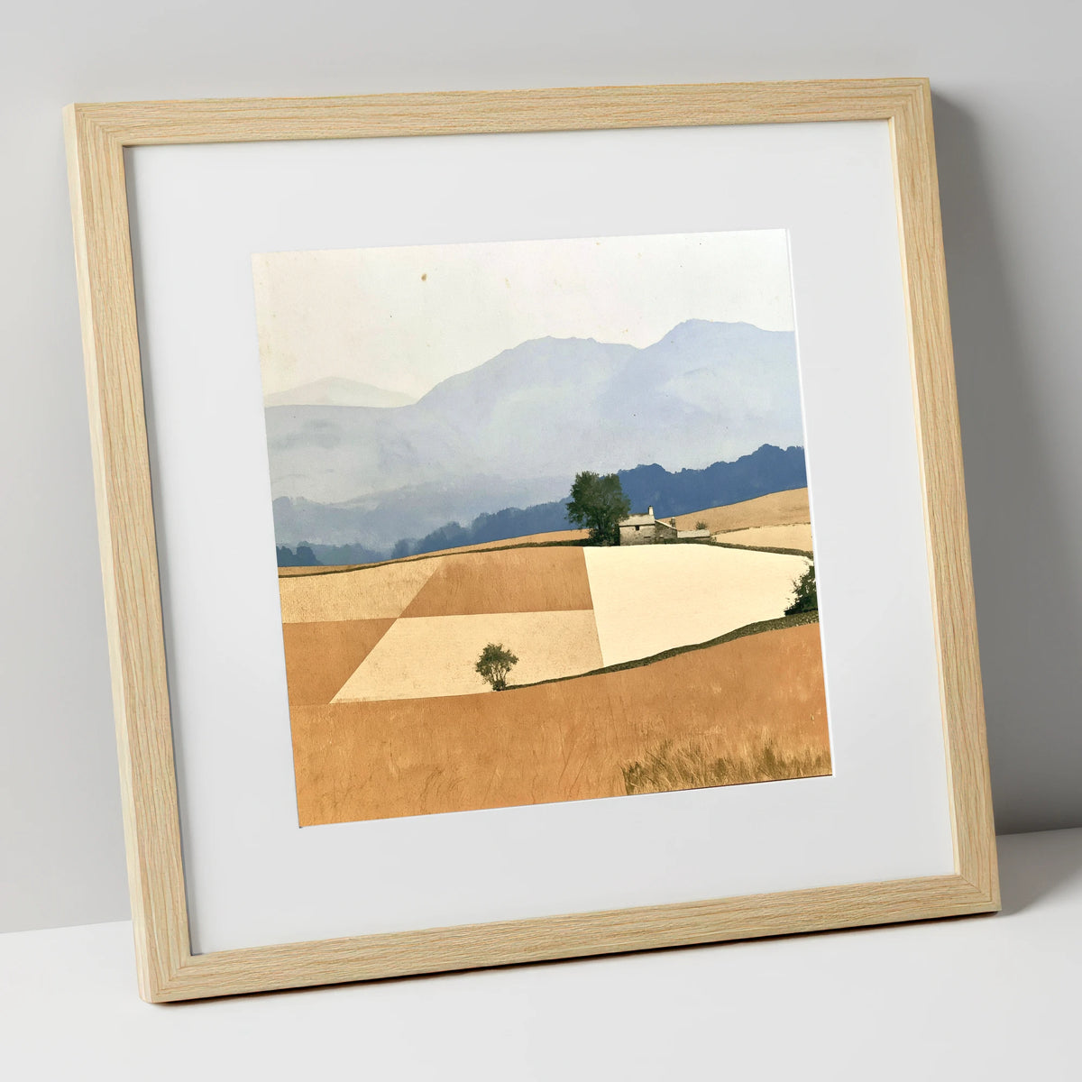 Stone Cottage in Harvest Gold Fells lake district valley art print in natural frame