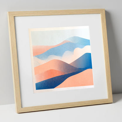 Coral and Blue Rolling Fells lake district fell art print in natural frame