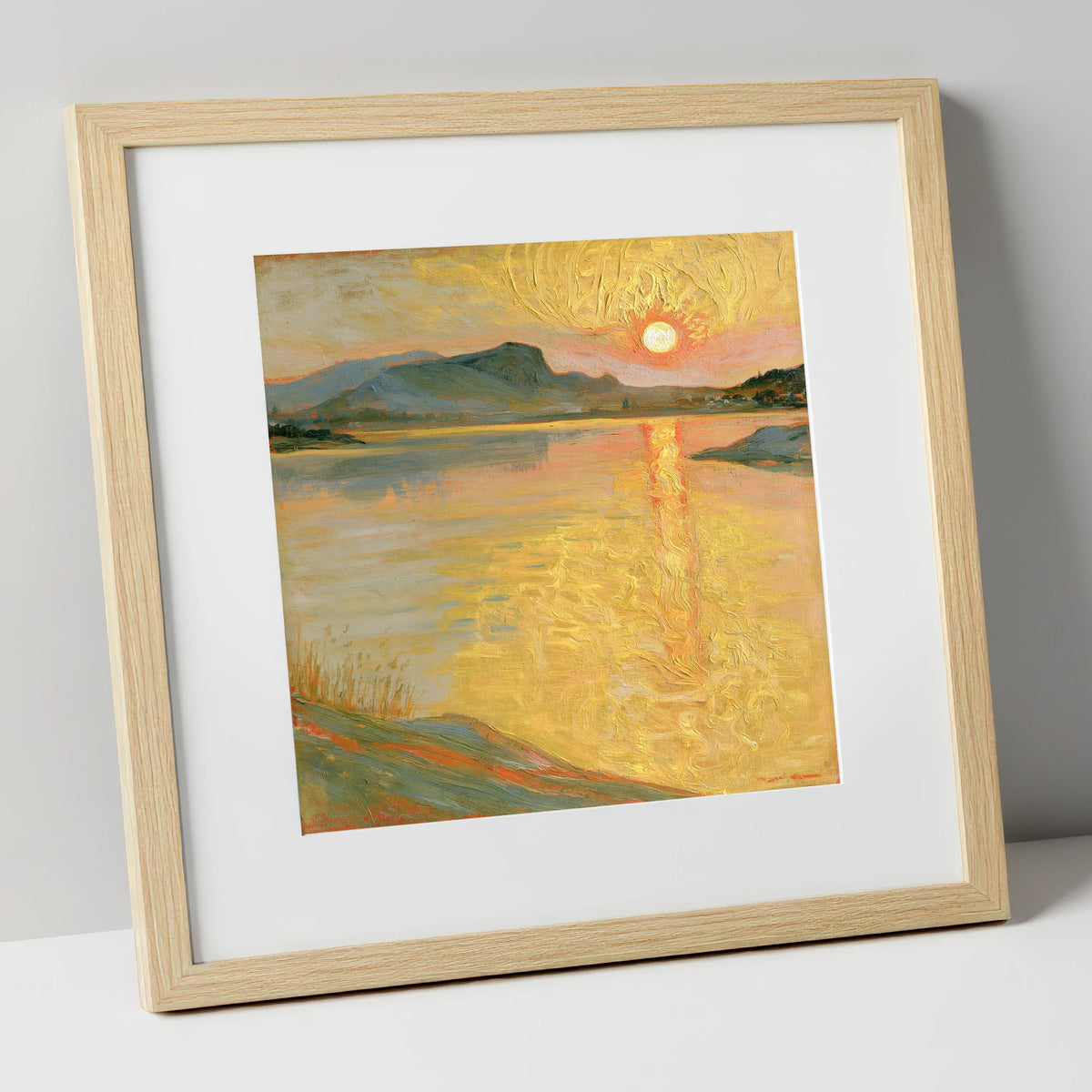 Golden Sunset Over the Lake lake district lake art print in natural frame
