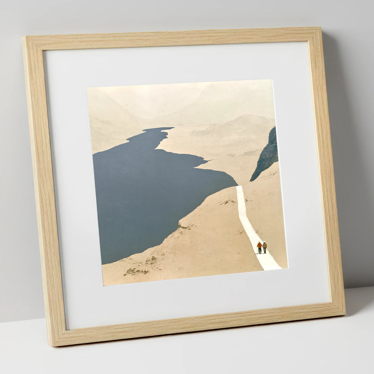 Walkers on a White Mountain Path lake district walking art print in natural frame
