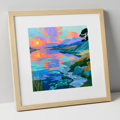 Vibrant Sunset Over the Water lake district lake art print in natural frame