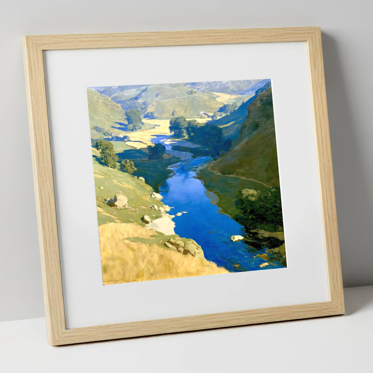 Vivid Blue Winding River Valley lake district waterfall art print in natural frame