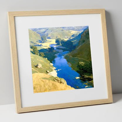 Vivid Blue Winding River Valley lake district waterfall art print in natural frame