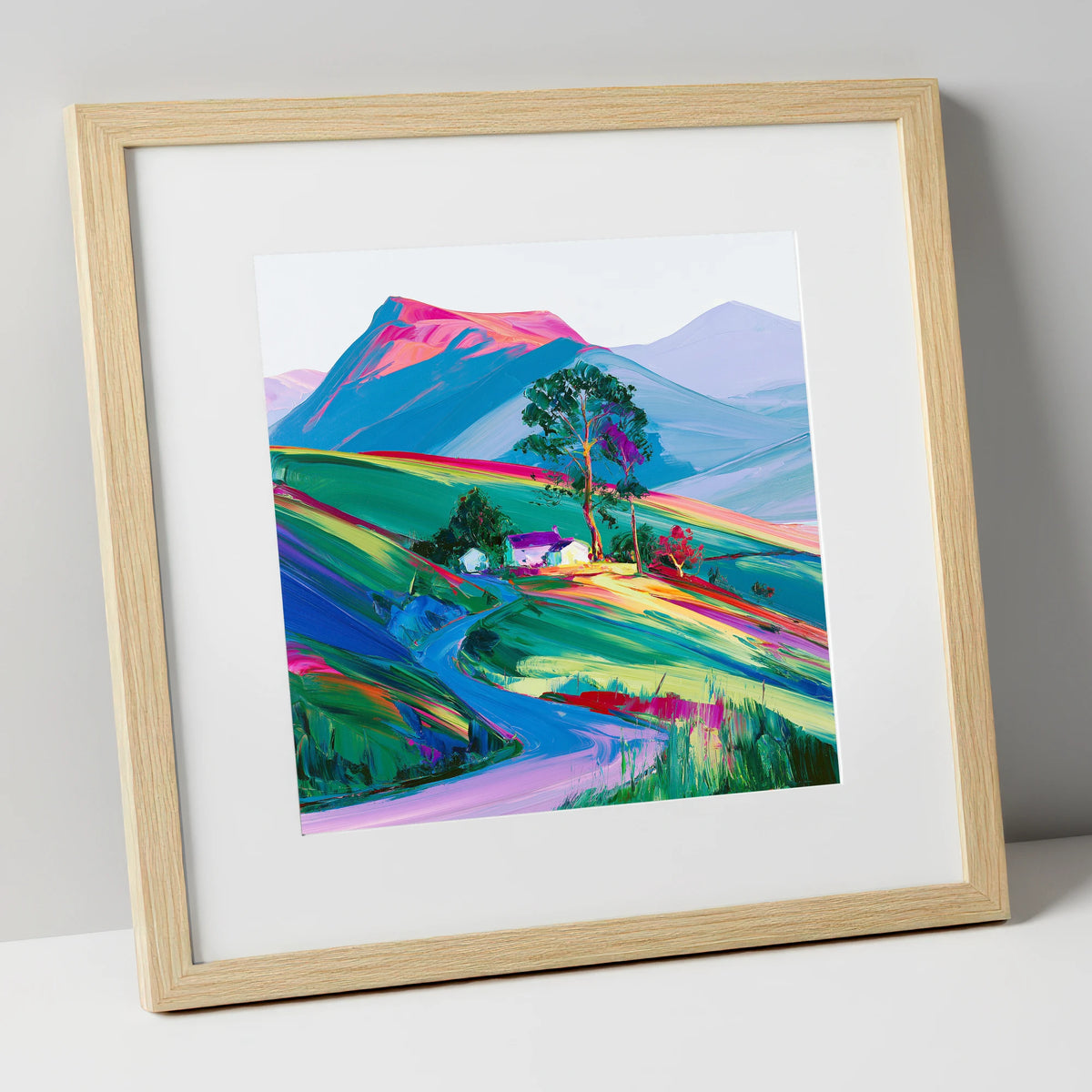 Vibrant Fellside in Evening Light lake district sky art print in natural frame