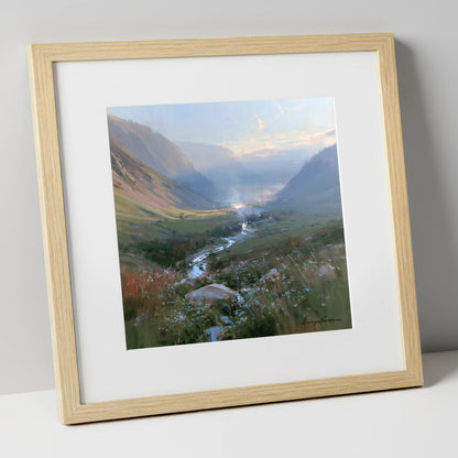 Valley Beck in Morning Haze lake district valley art print in natural frame