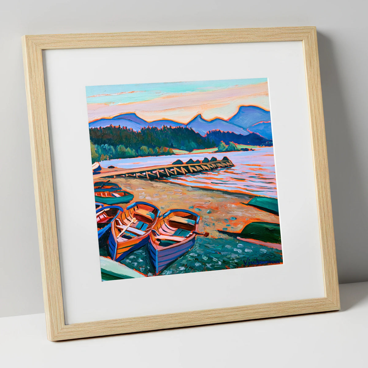 Colourful Windermere Rowing Boats lake district lake art print in natural frame