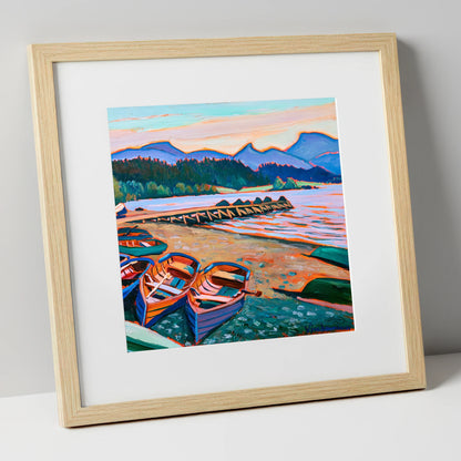 Colourful Windermere Rowing Boats lake district lake art print in natural frame