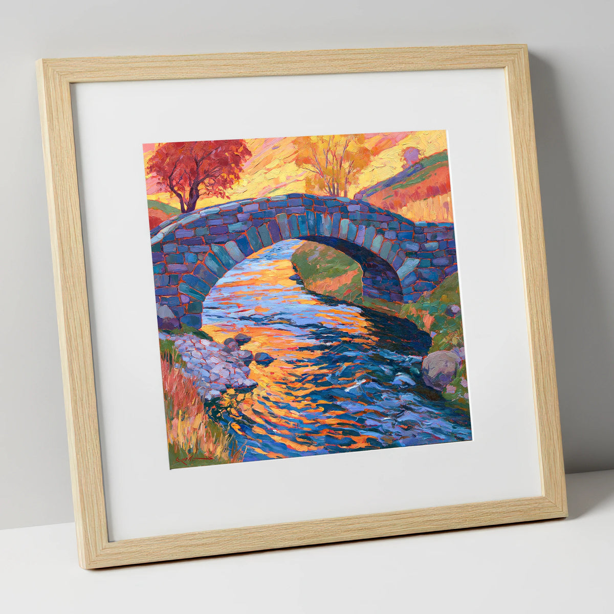 Stone Bridge over a Golden Beck lake district waterfall art print in natural frame