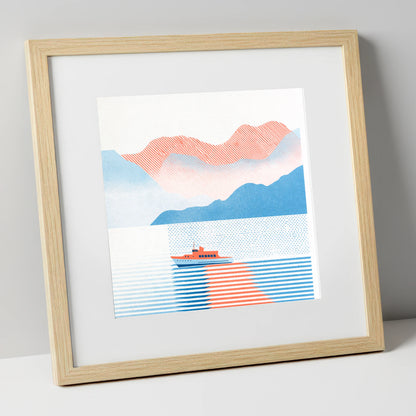 Graphic Windermere Lake Cruiser lake district lake art print in natural frame