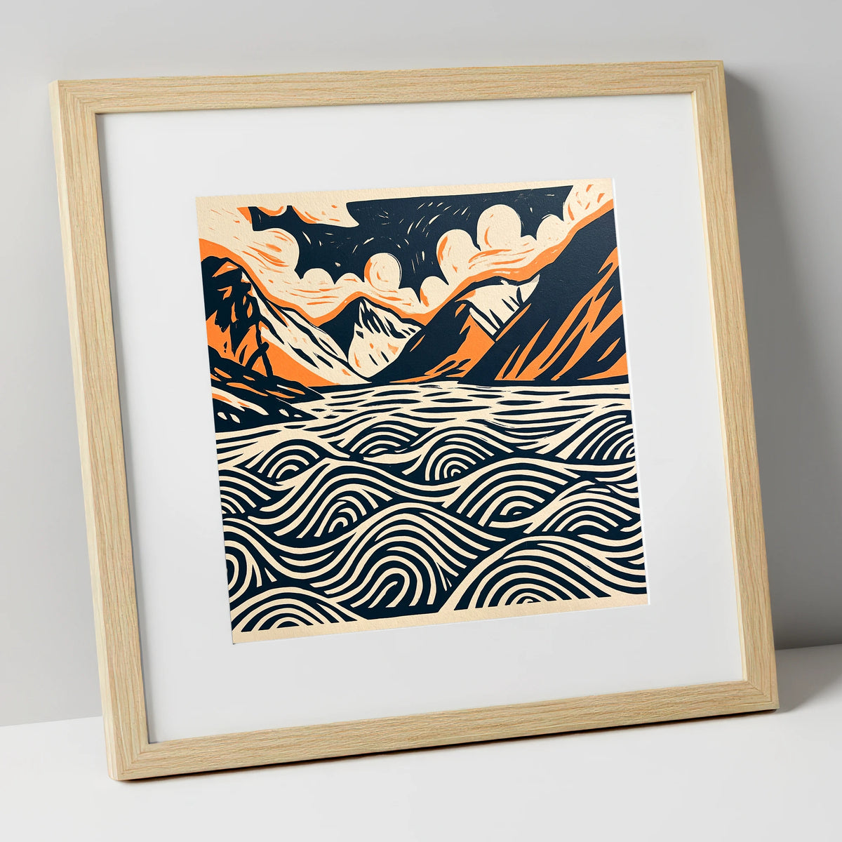 Wastwater in Navy and Terracotta lake district lake art print in natural frame