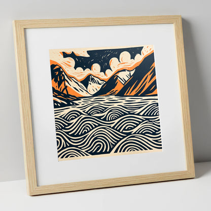 Wastwater in Navy and Terracotta lake district lake art print in natural frame