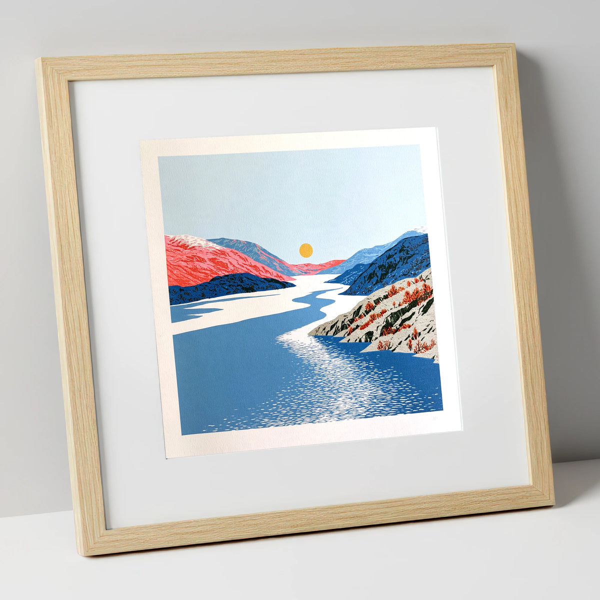 Ennerdale Valley and Golden Sun lake district valley art print in natural frame