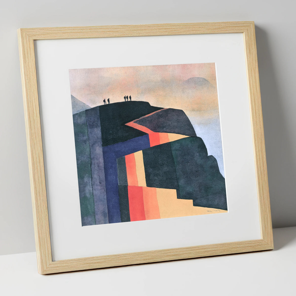 Hikers on Bold Geometric Fells lake district fell art print in natural frame