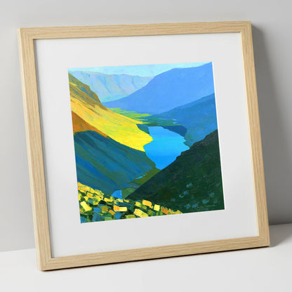 Vibrant Summit View Over Valley Lake lake district fell art print in natural frame