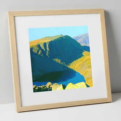 Vibrant Harter Fell Mountain Tarn lake district fell art print in natural frame
