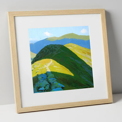 Sunlit Ridge to Cold Pike lake district fell art print in natural frame