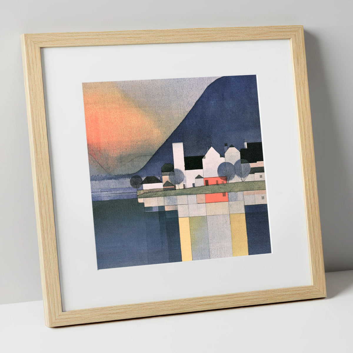 Lakeside Village Geometric Reflections lake district village art print in natural frame