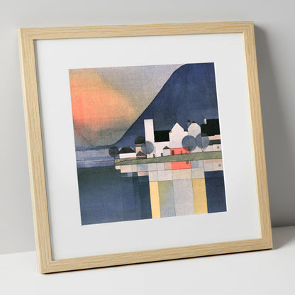 Lakeside Village Geometric Reflections lake district village art print in natural frame