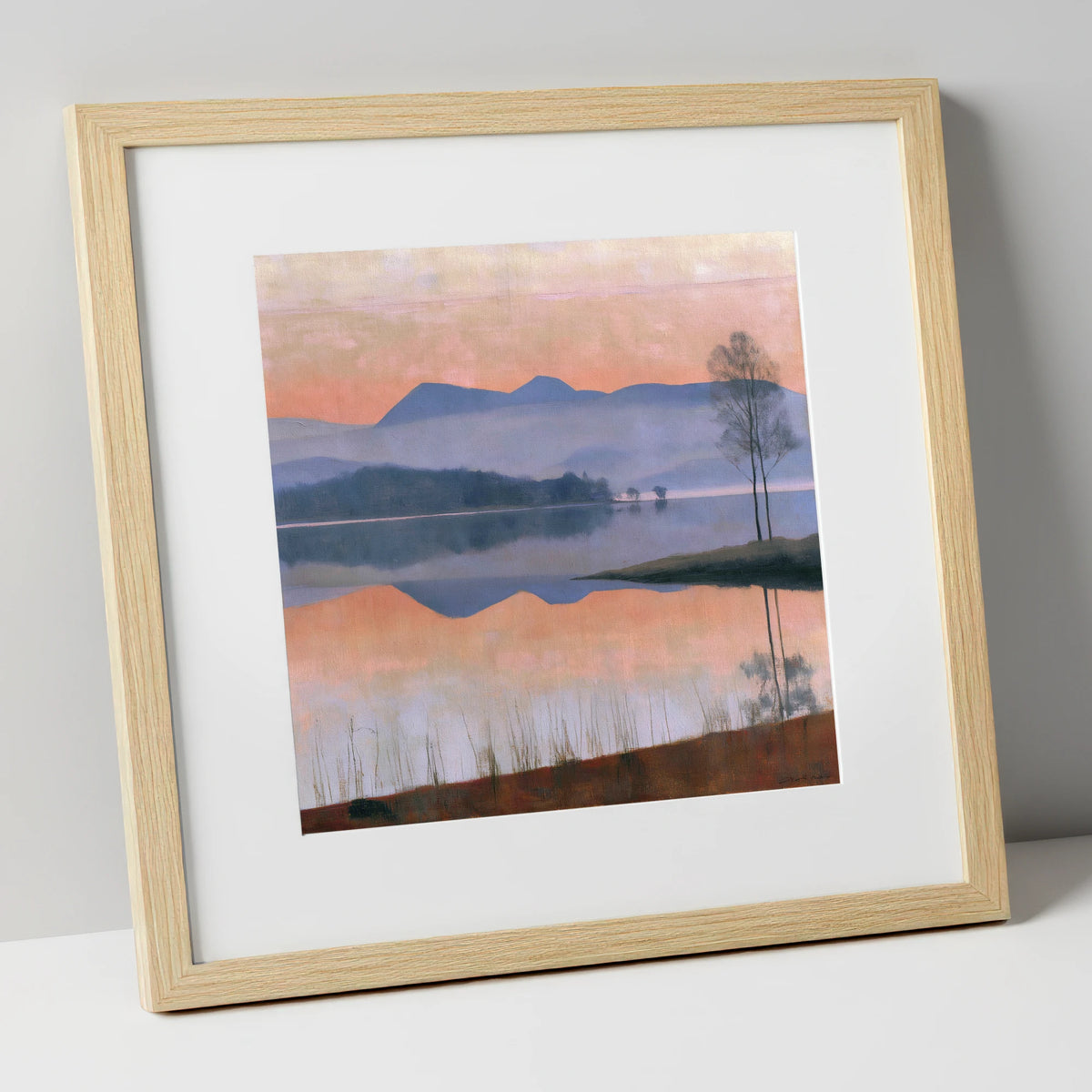 Still Lake at Pastel Dawn lake district lake art print in natural frame