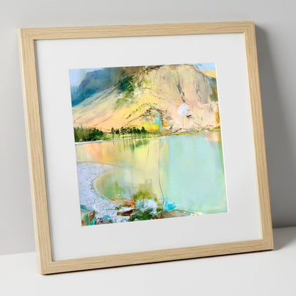 Curving Pebble Shore at Buttermere lake district lake art print in natural frame