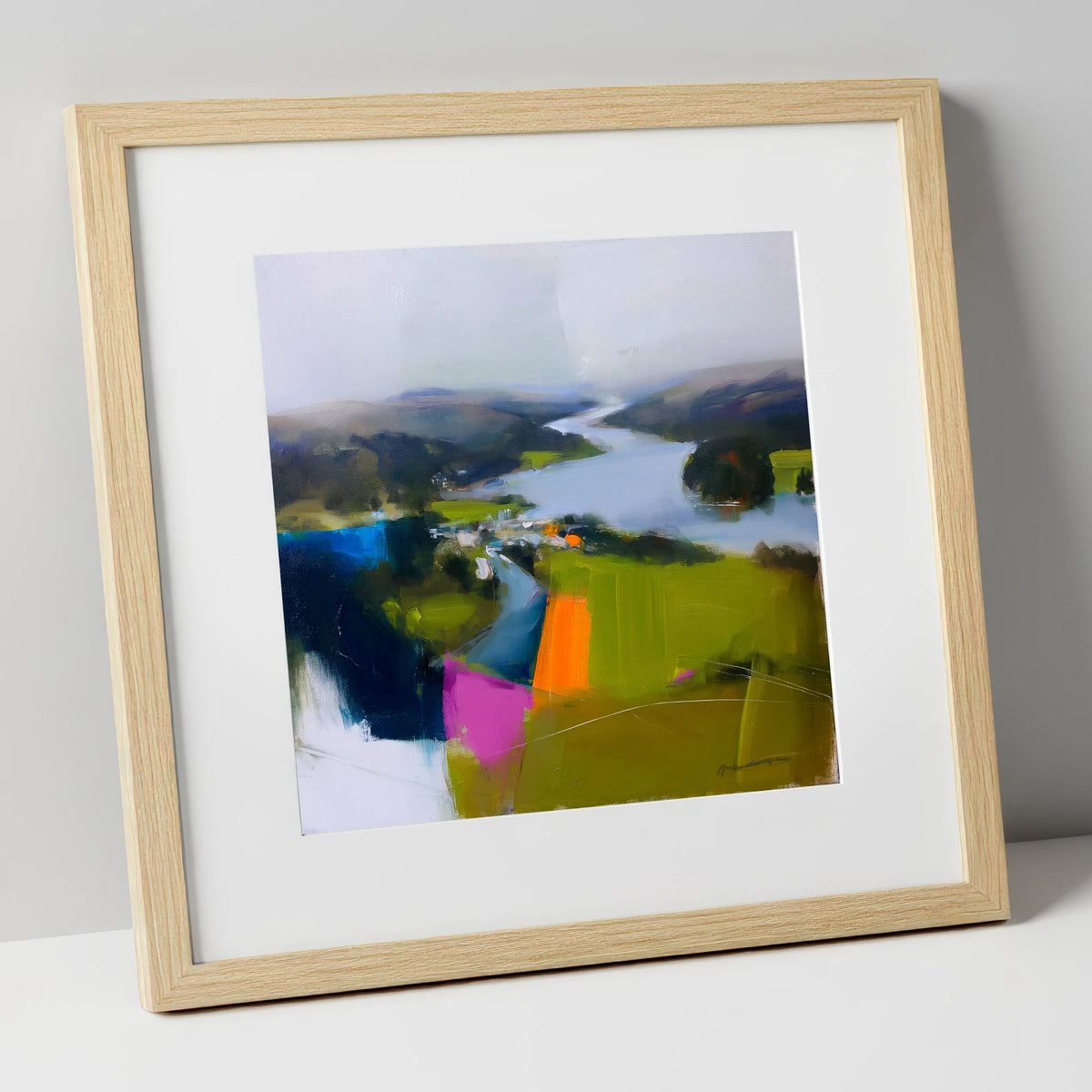 Vibrant Ambleside Lake View lake district village art print in natural frame