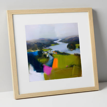 Vibrant Ambleside Lake View lake district village art print in natural frame