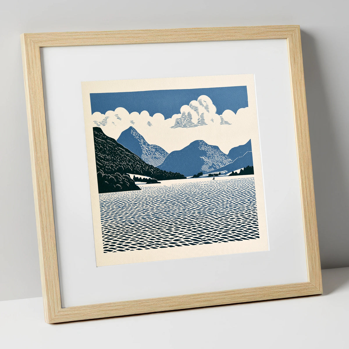 Graphic Navy Ullswater Landscape lake district lake art print in natural frame