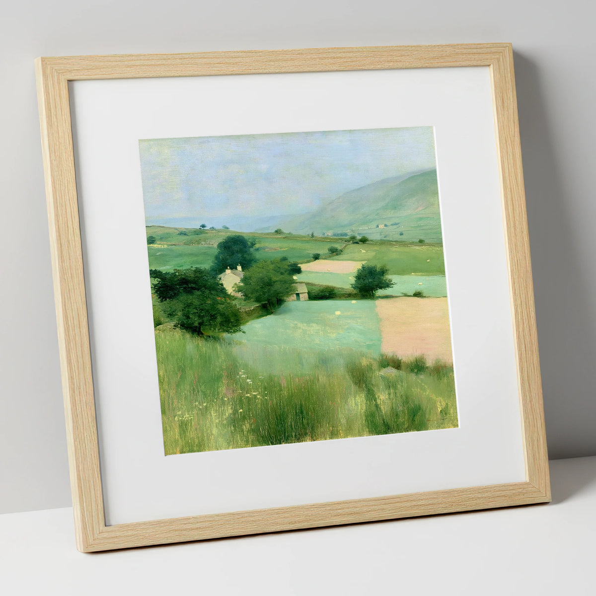 Patchwork Pastures in a Lakeland Dale lake district valley art print in natural frame