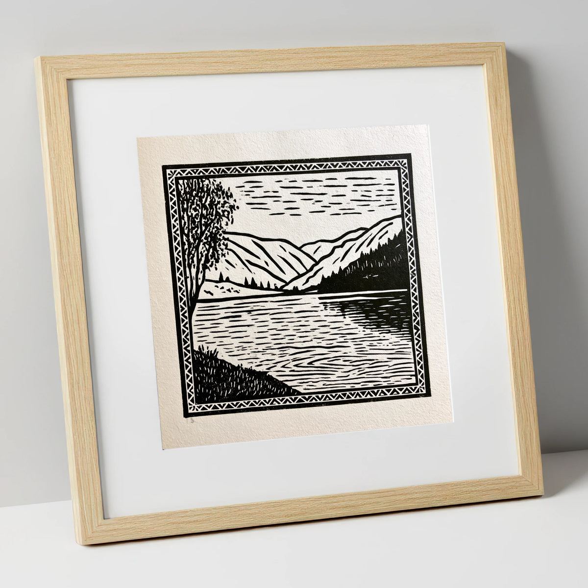 Monochrome Lake at Dawn lake district lake art print in natural frame