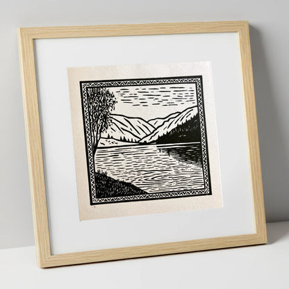 Monochrome Lake at Dawn lake district lake art print in natural frame