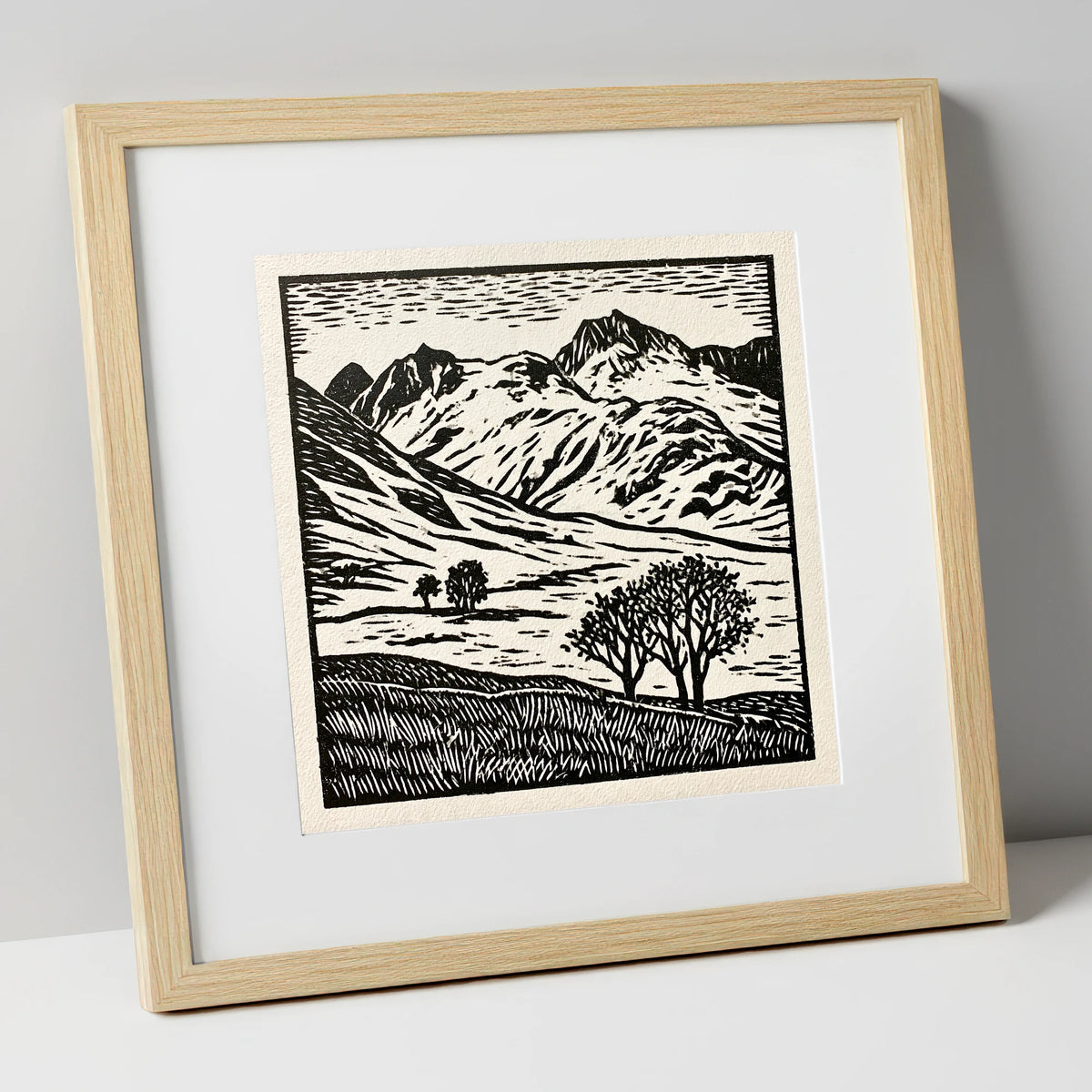 Monochrome Great Langdale Fells lake district valley art print in natural frame