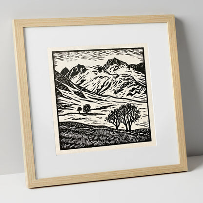 Monochrome Great Langdale Fells lake district valley art print in natural frame