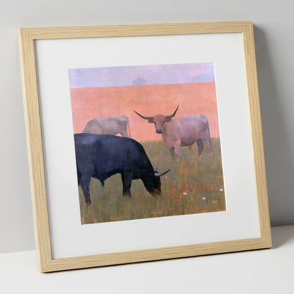 Highland Cattle in Pastel Light lake district wildlife art print in natural frame