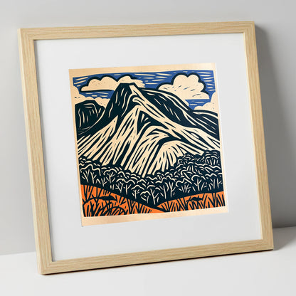 Bowfell Peak in Deep Navy lake district fell art print in natural frame