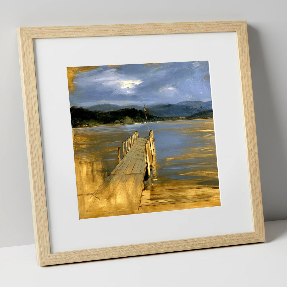 Waterhead Jetty Under Slate Skies lake district village art print in natural frame