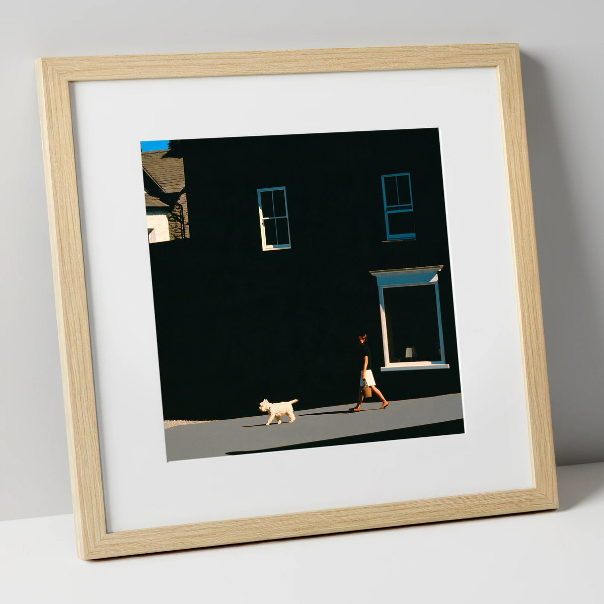Sunlit Dog Walker in Ambleside gifts for dog walkers art print in natural frame