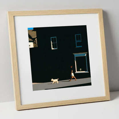 Sunlit Dog Walker in Ambleside gifts for dog walkers art print in natural frame