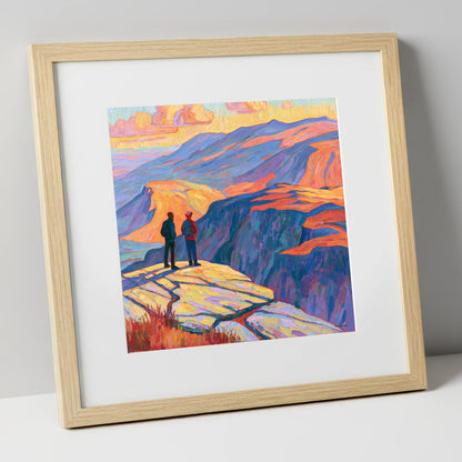Hikers at Sunset on the Fells lake district fell art print in natural frame