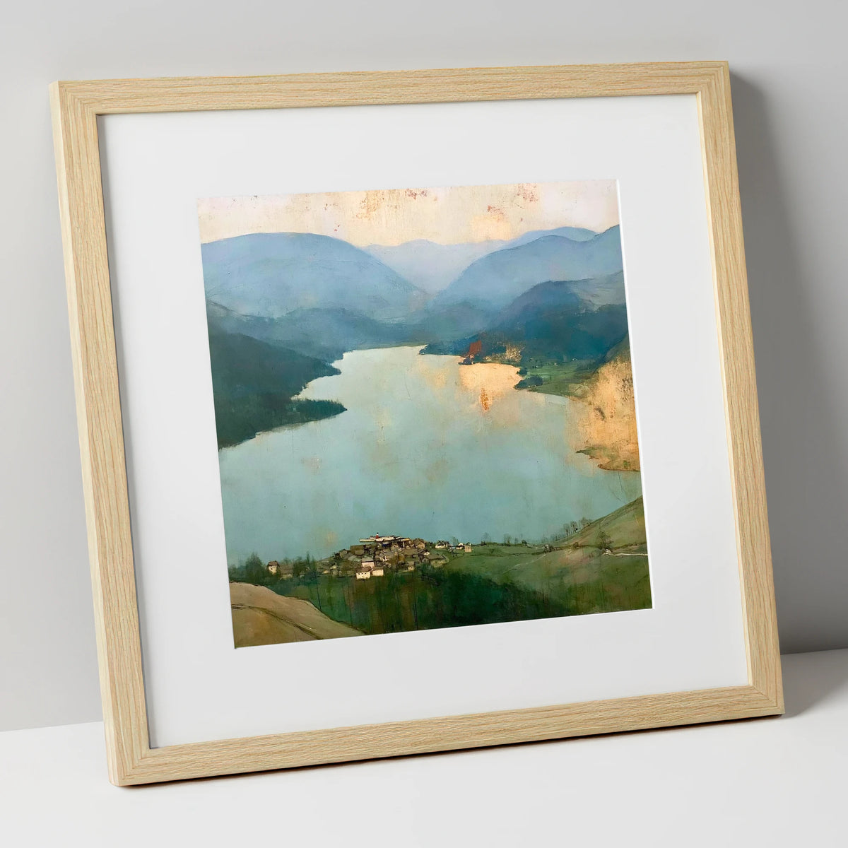 Glenridding and Ullswater in Gold lake district village art print in natural frame